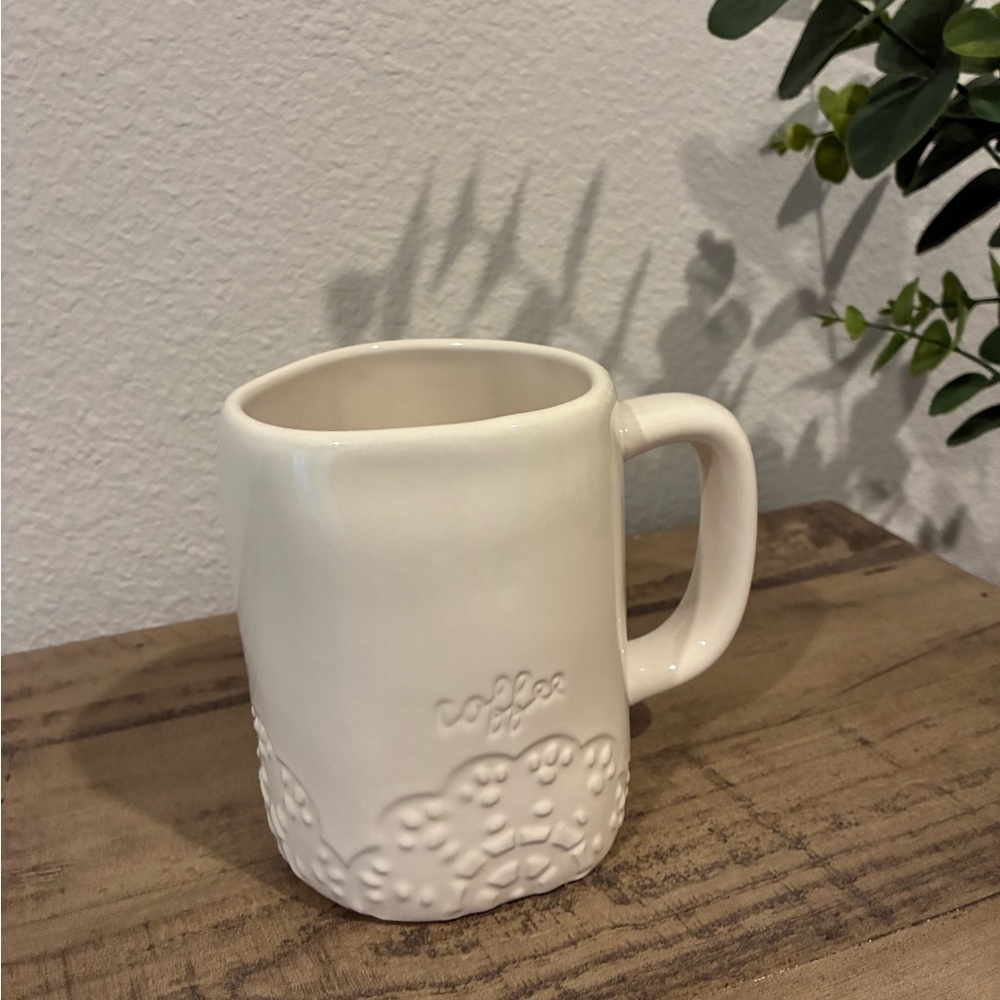 Rae Dunn COFFEE Mug White Embossed Lace Ceramic Farmhouse Like New.